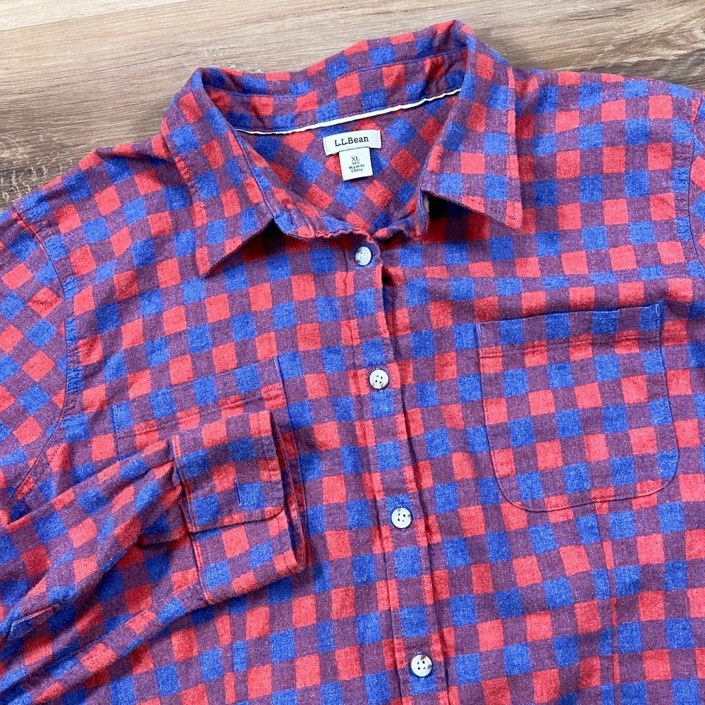 L.L. Bean Flannel Shirt Women XL Gorpcore 100% Cotton Buffalo Check Pink Blue